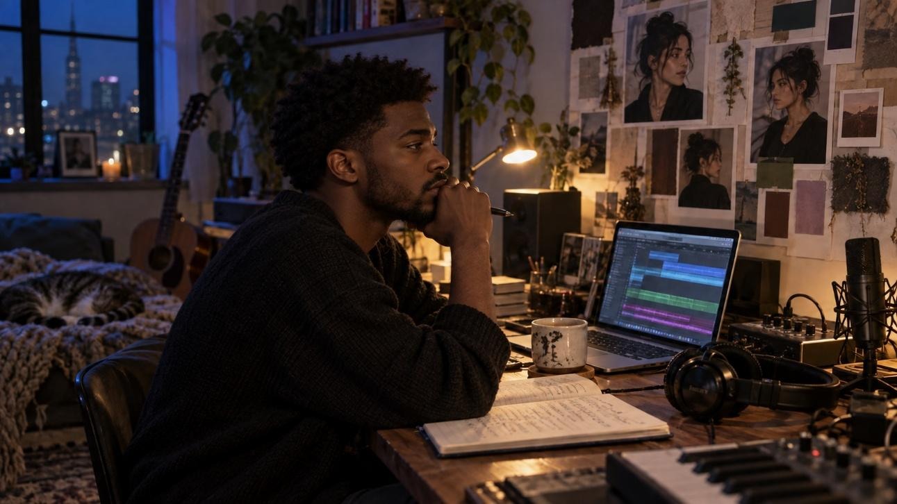A producer working late at night in a home studio, reviewing a session on a laptop