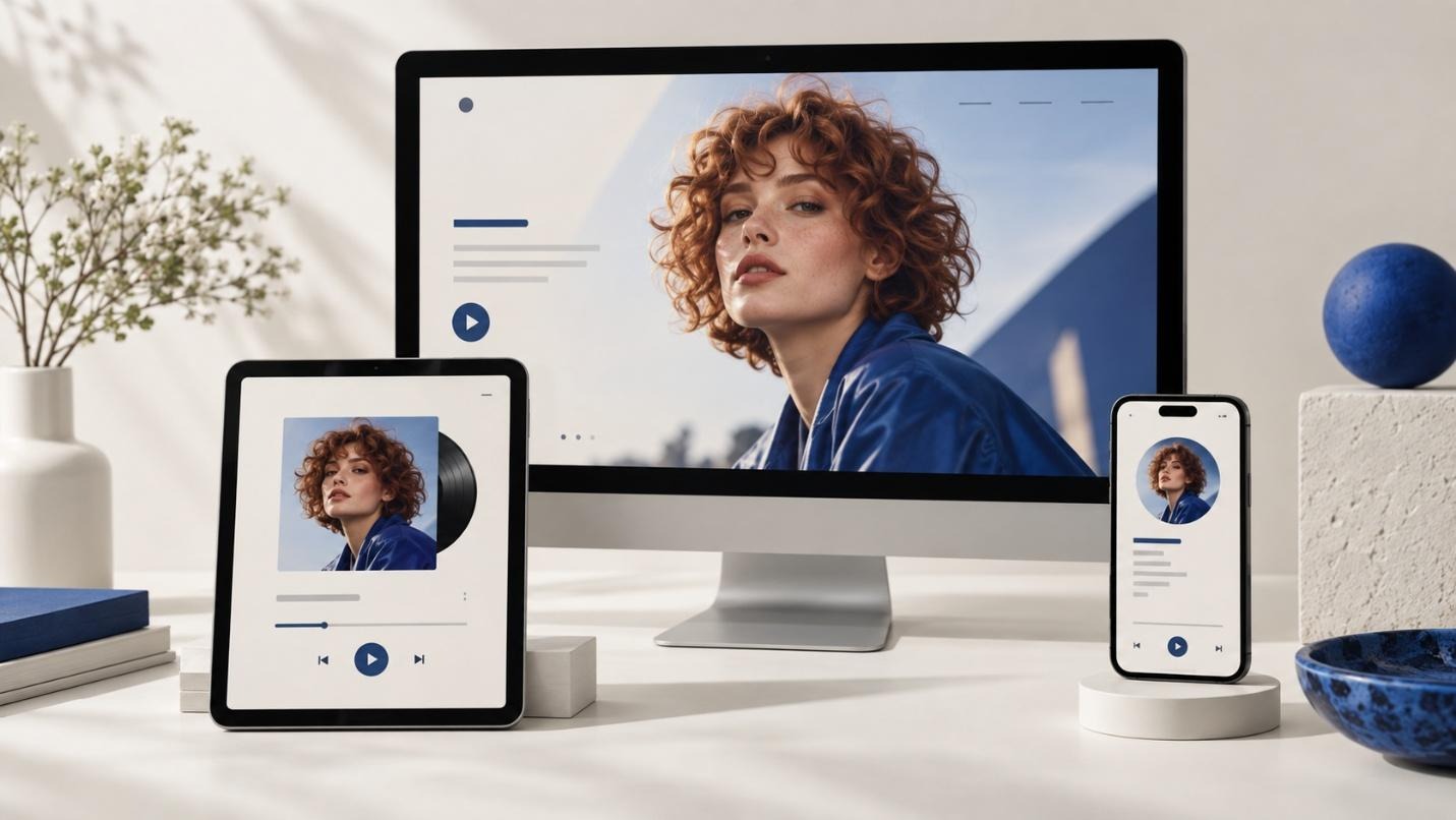 A digital artist's profile and music presented consistently across a desktop display, a tablet, and a phone