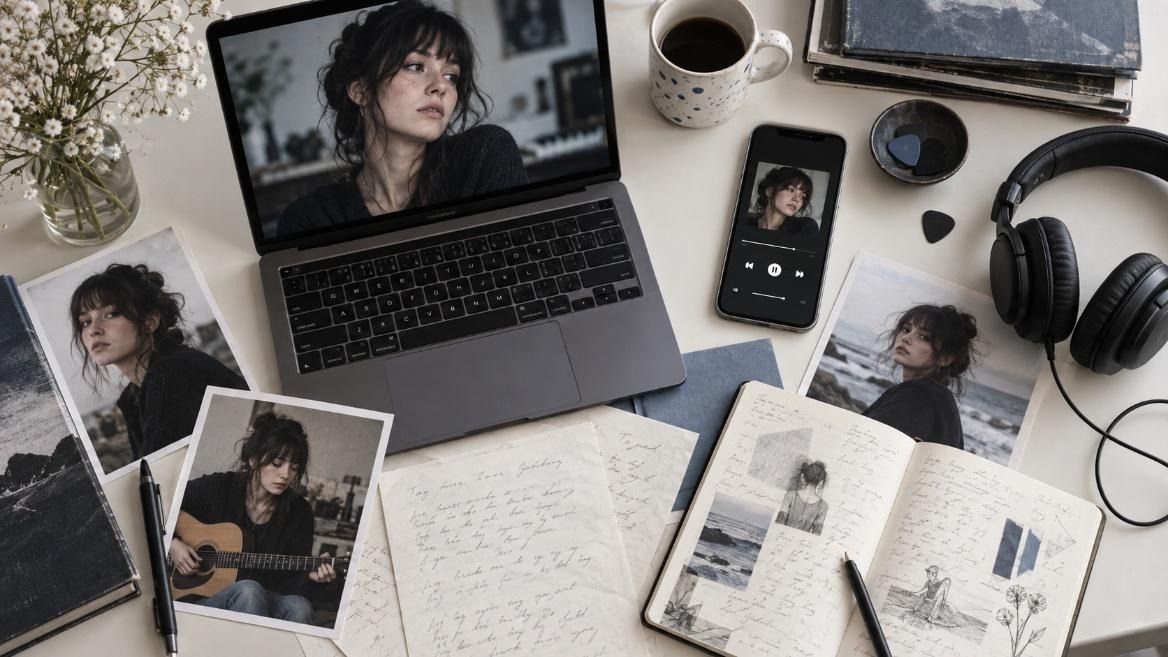 Photos, handwritten lyrics, a laptop, and a phone spread across a desk, holding scattered pieces of a digital artist's identity