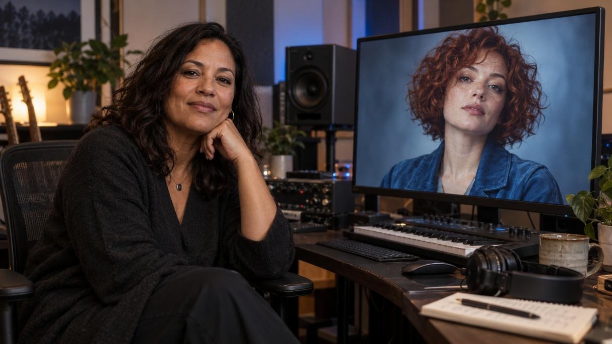 A creator seated in a home studio beside a monitor showing the digital artist she is developing